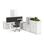 display of a variety of different office furniture desks and storage solutions