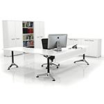 example of white office furniture desk, chair and office storage.